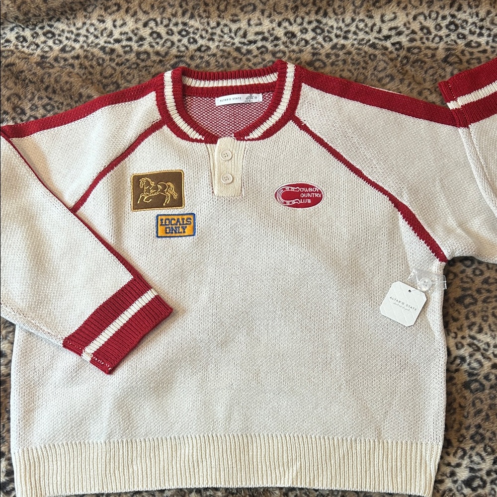 Altar'd State Red and Cream Crewneck Sweater